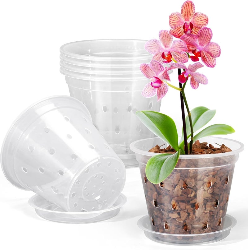 FUIJOL Orchid Pot, 6 Pack 4 Inch (Top Diameter) Clear Orchid Pots with Holes and Saucers for Repotting, Breathable Slotted Plastic Orchid Planters with Drainage for Root Health Indoor Outdoor - Image 1